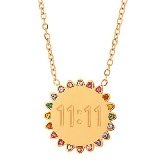 1111 Sun Flower Angel Number 18K Gold Plated Stainless Pendant Zircon Necklace